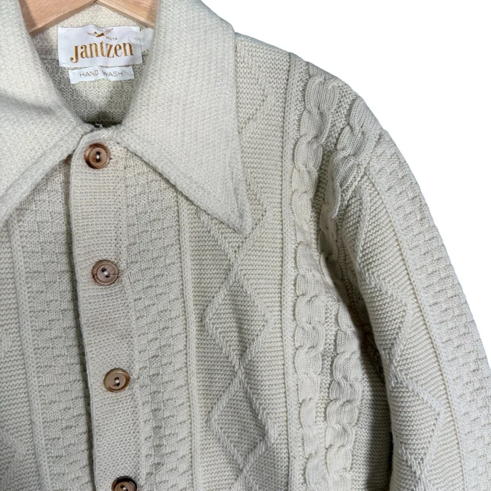 Vintage Jantzen Women's 100% Wool Cream Cable Knit Cardigan Sweater Fisherman L - Picture 3 of 8